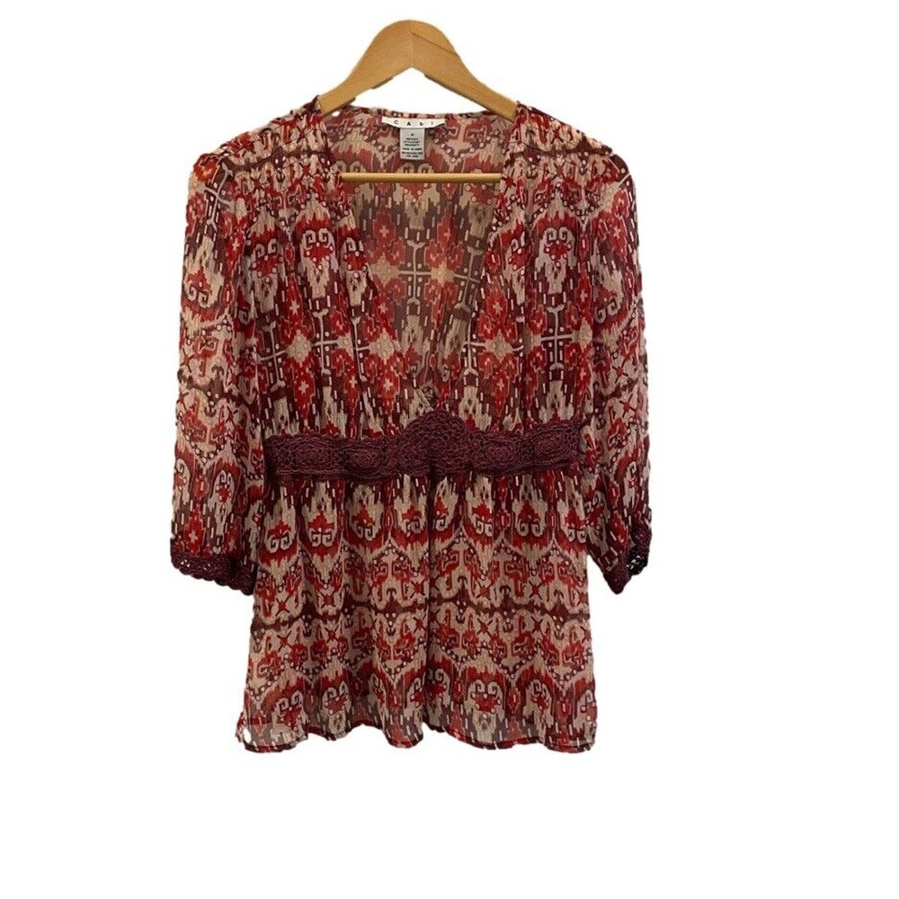 Cabi Shirt Womens Small 100% Silk Ikate Print Crochet Red Maroon Sheer